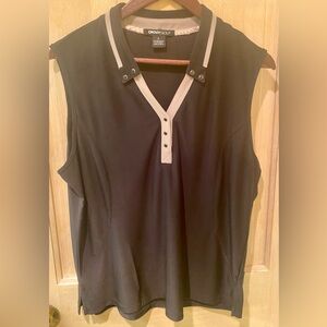DKNY polyester golf pullover sleeveless shirt black tan snaps large